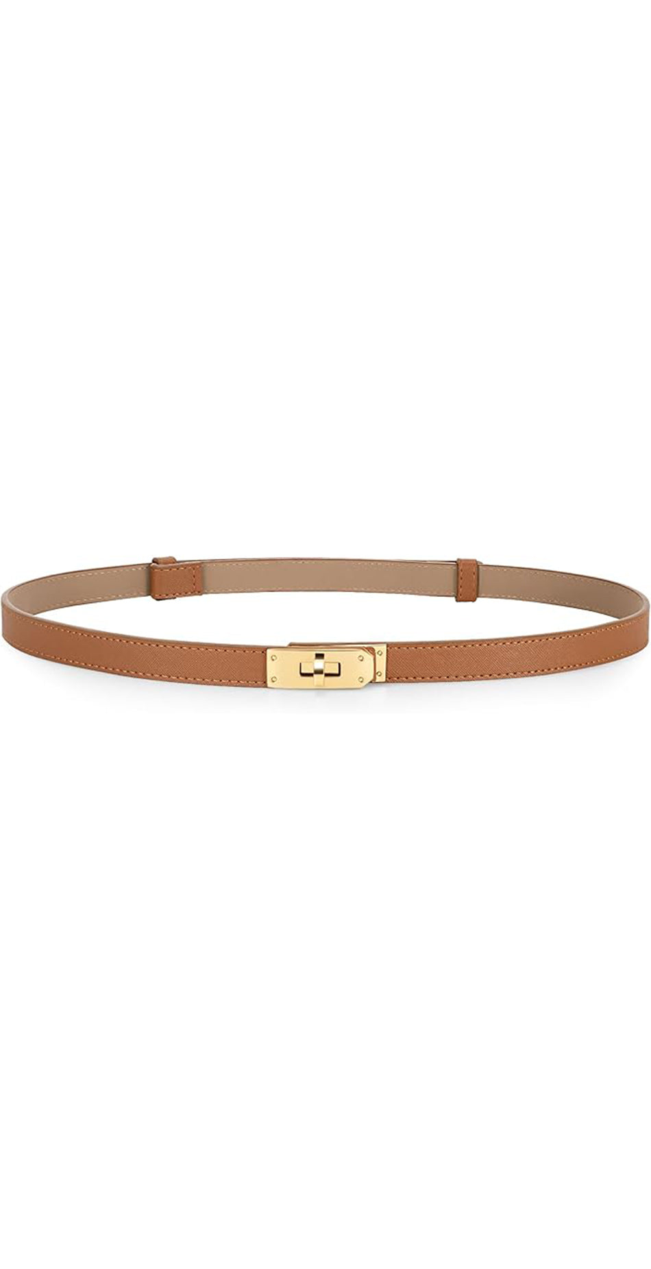 Brown Adjustable Skinny Leather Belt with Exquisite Gold Decorative Lock