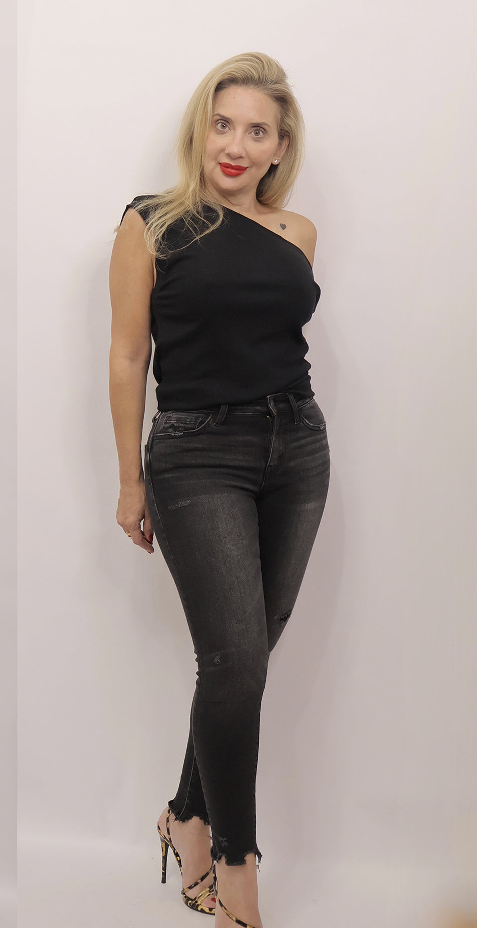 Mid Rise Crop Raw Hem Black Denim Jeans