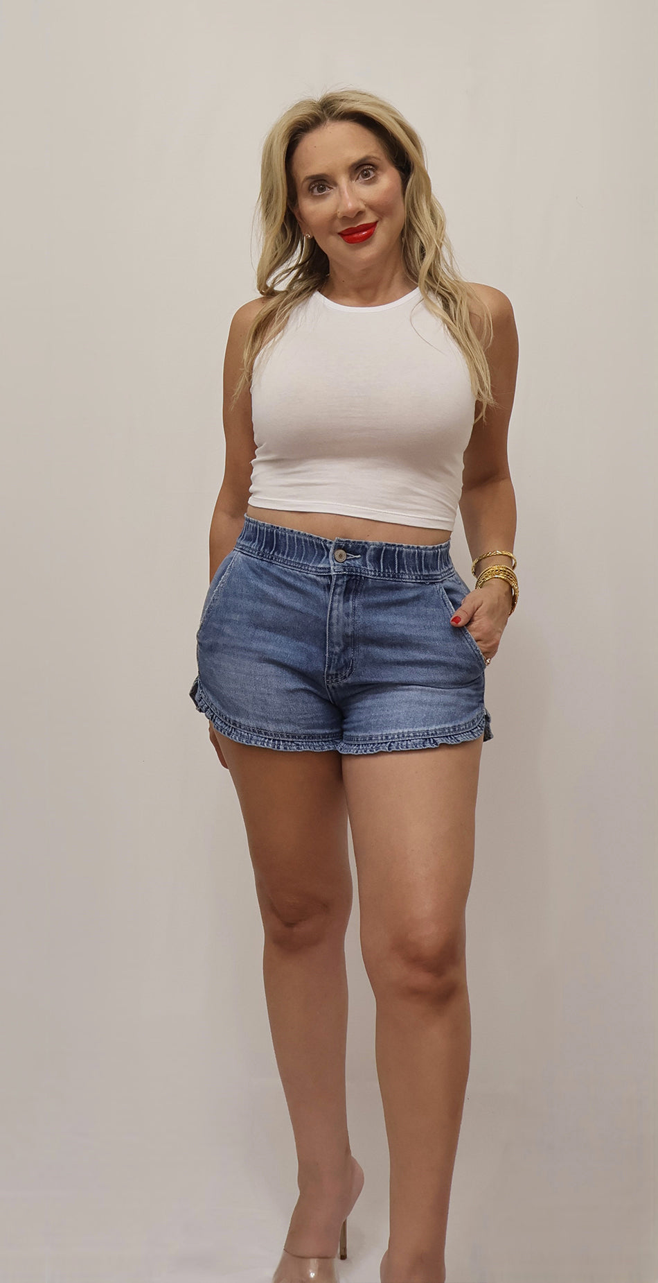 Ruffle Detail Denim Shorts with Back Pockets Casual & Chic