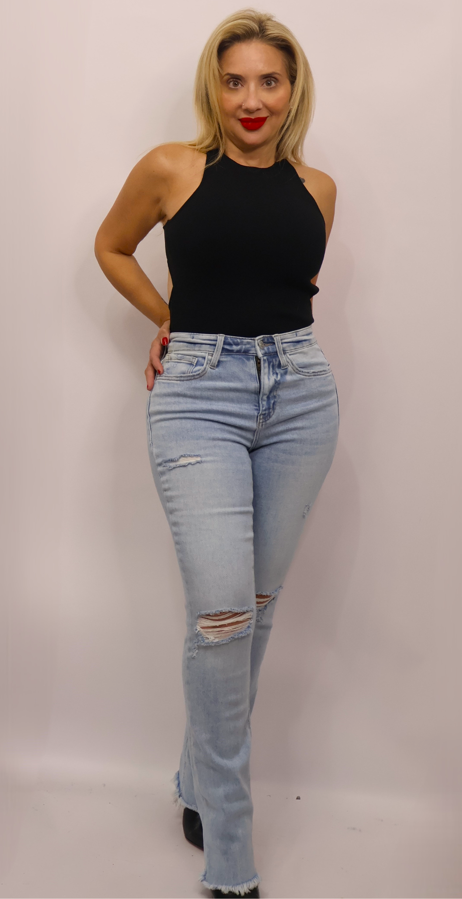 High Rise Slim Straight Jeans Light Blue Denim
