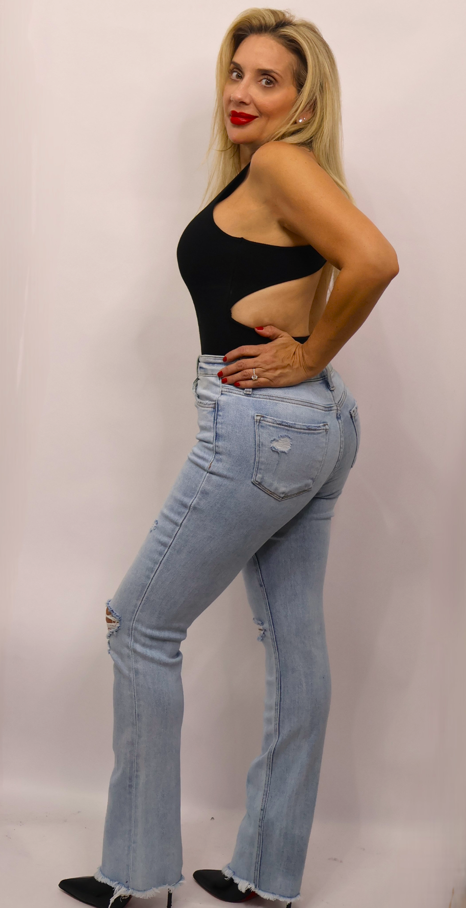 High Rise Slim Straight Jeans Light Blue Denim
