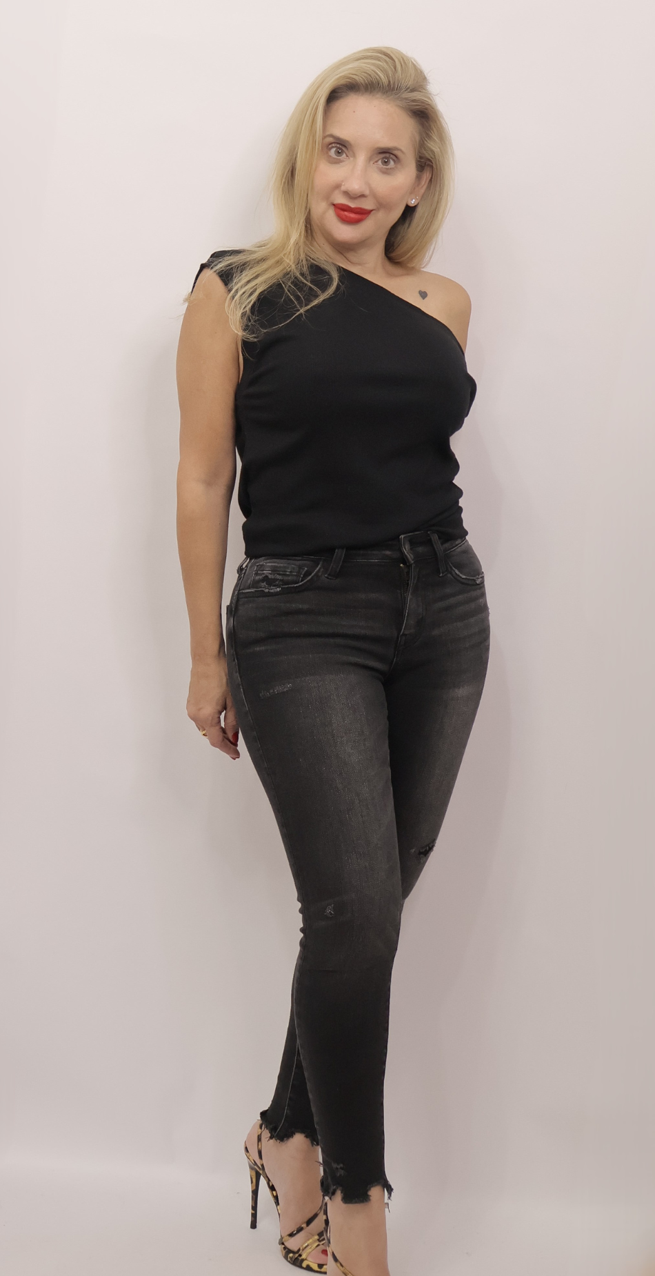 Mid Rise Crop Raw Hem Black Denim Jeans
