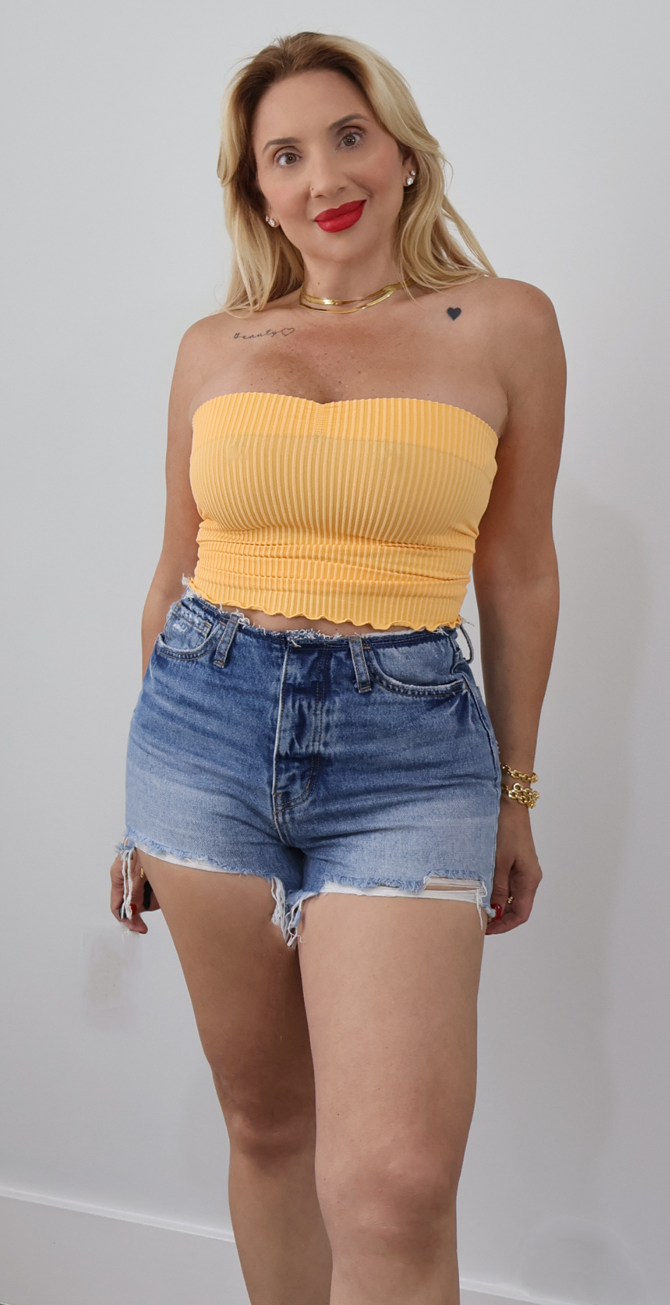 High-Rise Raw Waist Distressed Denim Shorts – Button Fly